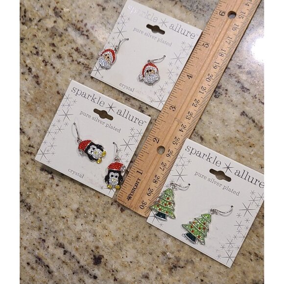 3 Pair Sparkle Allure Silver Plate Crystal Christmas Earrings Penguin Tree Santa - Picture 6 of 8